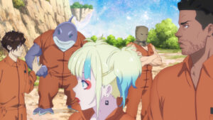 Suicide Squad Isekai main characters Harley Quinn, Deadshot, Clayface, Peacemaker, and Kingshark seen in their Belle Reve prison uniforms in episode 1