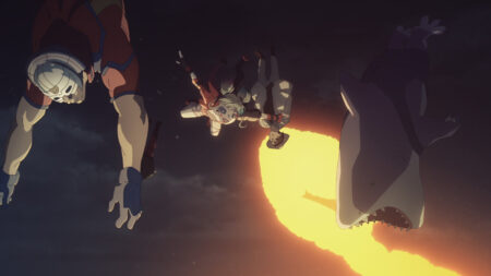Suicide Squad Isekai main characters Harley Quinn, Deadshot, Clayface, Peacemaker, and Kingshark seen falling in the sky in episode 1