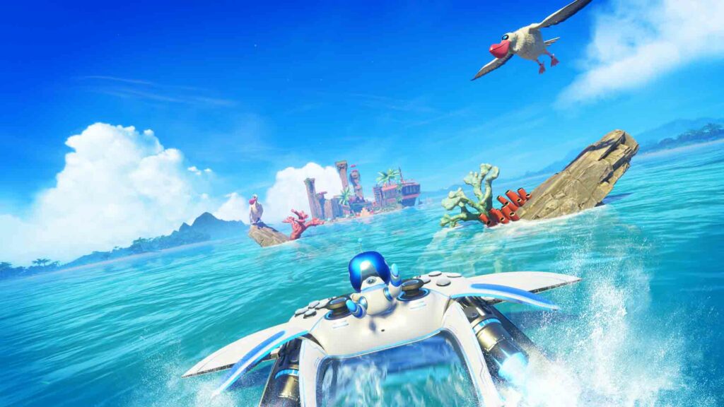 Astro Bot opening world showing Captain Astro flying in a ship that's a PS5 controller over the tropical sea