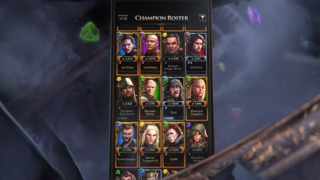 Game of Thrones Legends champion roster featuring Jon Snow, Lord Varys, Braavosi Dagger Master, City Witch Swordsman, Barristan Selmy, Orell, Rhaenyra Targaryen, Euron Greyjoy, Viserys Targaryen III, Ygritte, and Woodland Archer