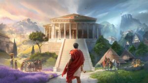 Anno 117 Pax Romana key visual, showing a Roman Governor facing a pantheon