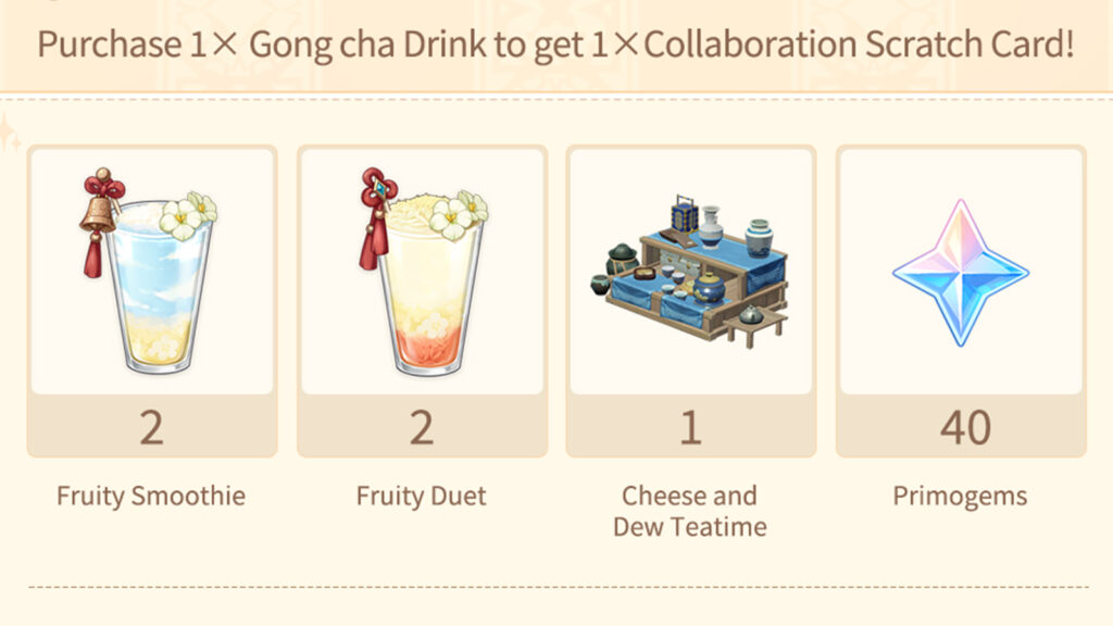 Gong Cha x Genshin Impact scratch card rewards