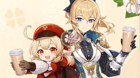 Genshin Impact characters Klee and Jean each holding a beverage