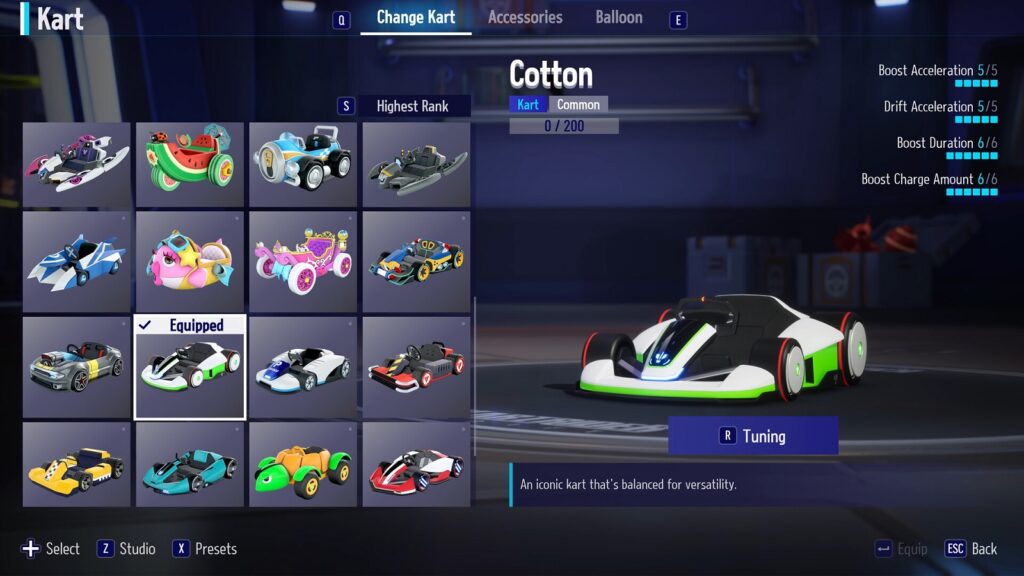 Change kart menu in KartRider: Drift