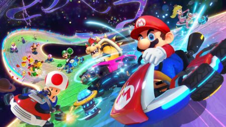 Mario, Bowser, Toad, and the rest of the roster in Super Mario Kart
