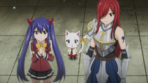 Fairy Tail 100 Years Quest main characters Ezra Scarlet, Wendy Marvell, and Charles in season 1 episode 2