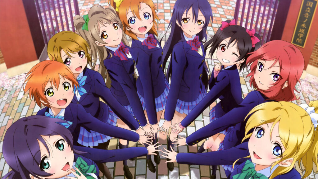 Love Live! School Idol Project's Muse featuring Honoka Kosaka, Eli Ayase, Kotori Minami, Umi Sonoda, Rin Hoshizora, Maki Nishikino, Nozomi Tojo, Hanayo Koizumi, and Nico Yazawa