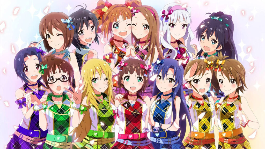 The Idolmaster main series members Haruka Amami, Chihaya Kisaragi, Miki Hoshii, Yukiho Hagiwara, Yayoi Takatsuki, Makoto Kikuchi, Iori Minase, Takane Shijou, Ritsuko Akizuki, Azusa Miura, Ami Futami, Mami Futami, and Hibiki Ganaha