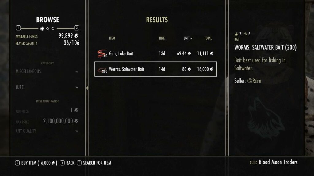 Elder Scrolls Online worms on sale in guild trader