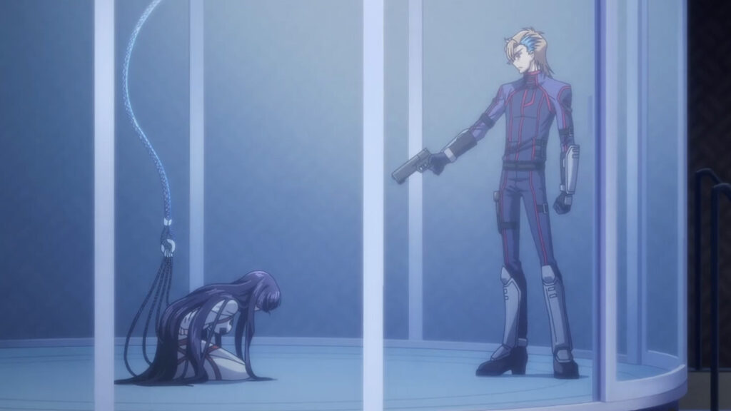 Code Geass Roze of the Recapture episode 9, ending of episode 8 Ash aiming a gun at Sakuya