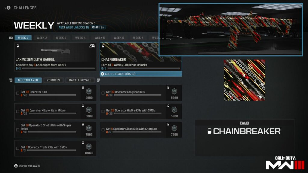 Weekly challenges mastery reward Chainbreaker camo in Modern Warfare 3 and Warzone Season 5