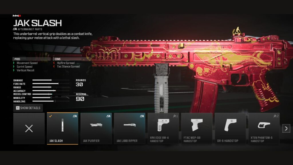 JAK Slash aftermarket part under the underbarrel option in Modern Warfare 3 gunsmith