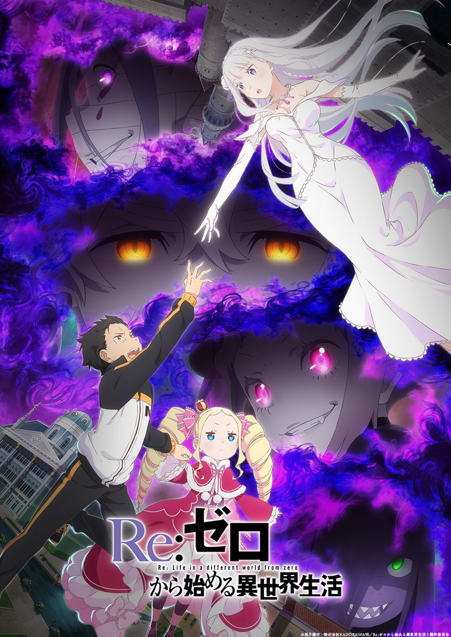 ReZero season 3 key visual featuring characters Subaru, Beatrice, and Emilia