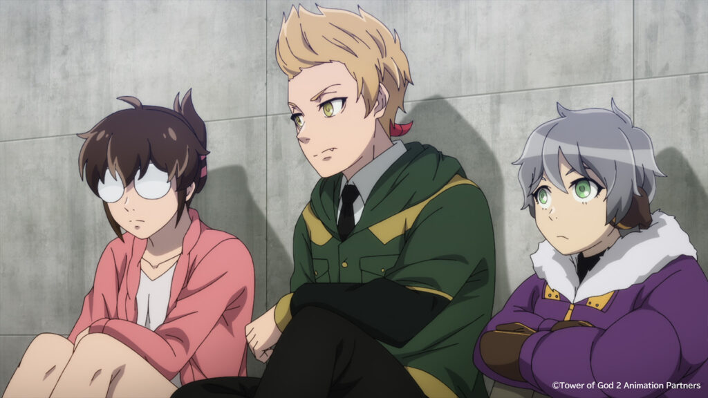 How many episodes are in Tower of God season 2? Goseng, Wangnan, and Nia sitting against a wall