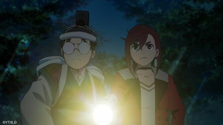 Dandadan main characters Ken "Okarun" Takakura and Momo Ayase seen about to enter a cursed tunnel in episode 4 season 1