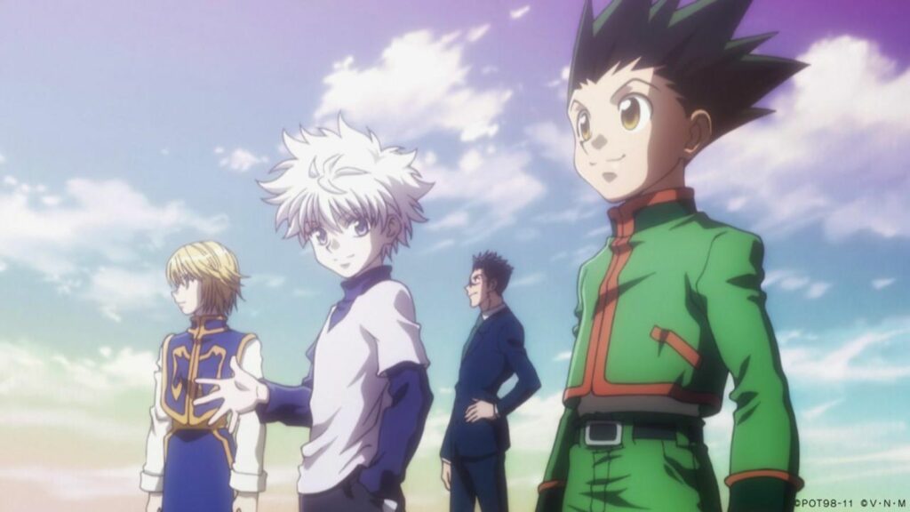 Hunter x Hunter shot showing main characters Gon Freecss, Killua Zoldyck, Kurapika, and Leorio Paradinight from the 2011 anime