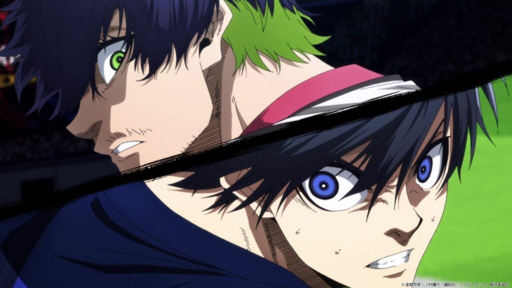 Blue Lock season 2 characters Yoichi Isagi and U20 team captain Oliver Aiku seen in episode 8