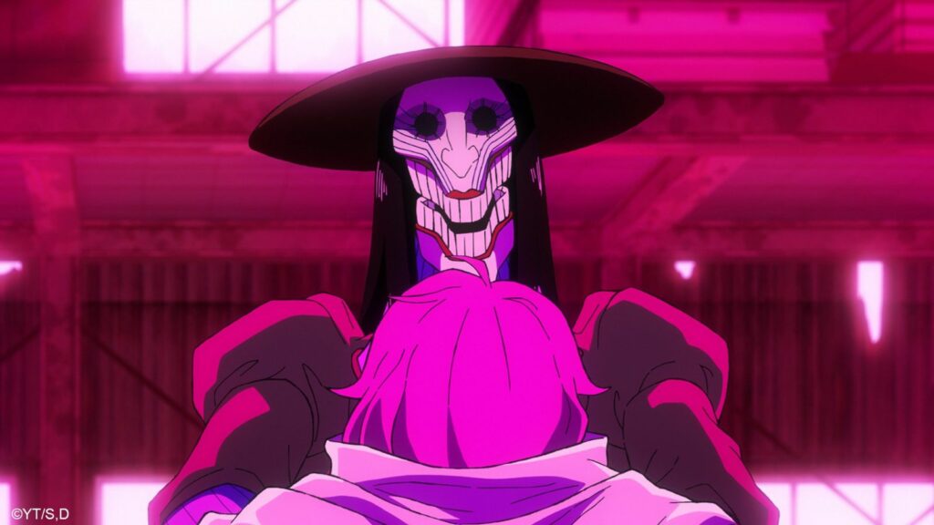 Dandadan villain Woman in Red holding up Aira Shiratori in episode 6 season 1 of the anime