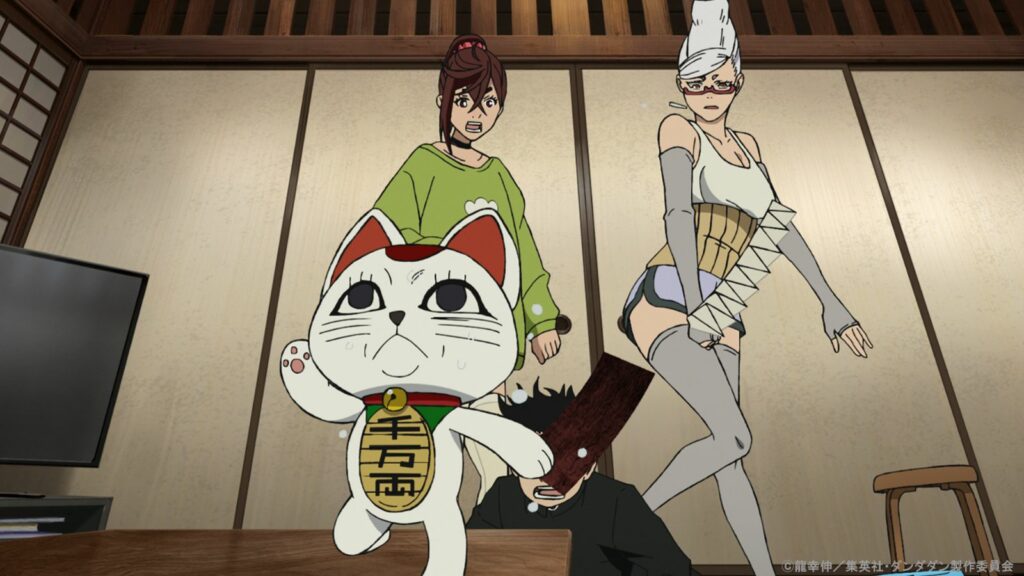 Dandadan main characters Momo Ayase, Seiko Ayase, Turbo Granny, and Ken "Okarun" Takakura seen in episode 5 season 1