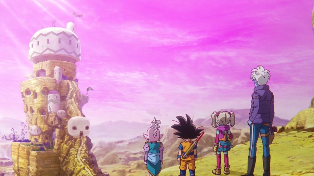 Dragon Ball Daima main characters Goku, Supreme Kai Shin, Glorio, and Panzy looking to ahead to the Kadan Castle in episode 5 of the anime
