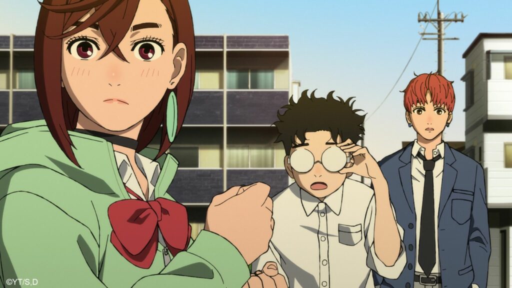 Dandadan main characters Momo Ayase, Ken "Okarun" Takakura, and Jin "Jiji" Enjoji seen in episode 11 season 1