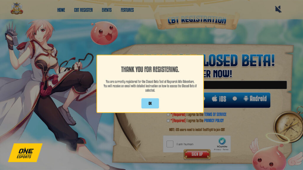 Ragnarok Idle Adventure Closed Beta registration confirmation