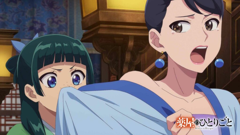 Apothecary Diaries main character Maomao seen sniffing the new dresses in season 2 episode 2