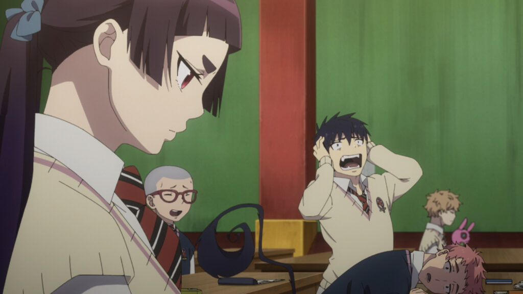 Rin Okumura, Izumo Kamiki, and their classmates at True Cross Academy