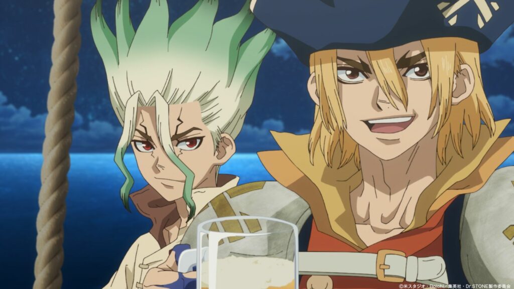 Dr Stone main characters Senku and Ryusei seen in season 4 episode 1