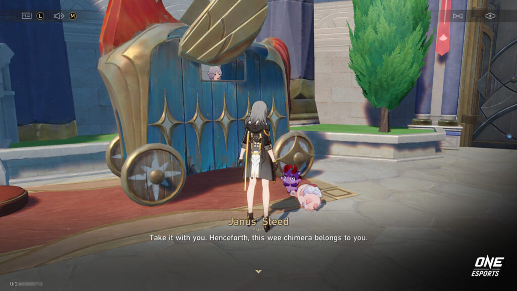 Trailblazer standing in front of Janus Steed in Amphoreus after purchasing a purple pet chimera
