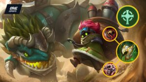 Mobile Legends: Bang Bang Armored Lizard Barats skin wallpaper na may kasamang Support emblem, War Axe, Guardian Helmet, at Brute Force Breastplate icons